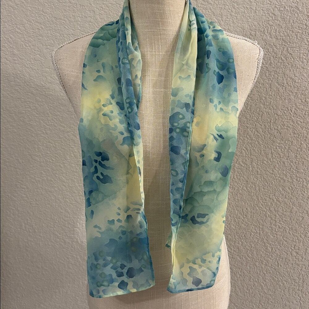 Blue Yellow Floral Oblong Scarf 47in Lightweight Sheer Wrap Shawl Spring Summer